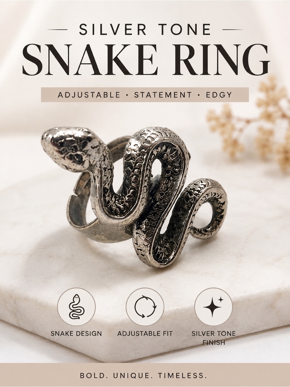 Silver Tone Snake Ring Adjustable Serpent Statement Cocktail Ring